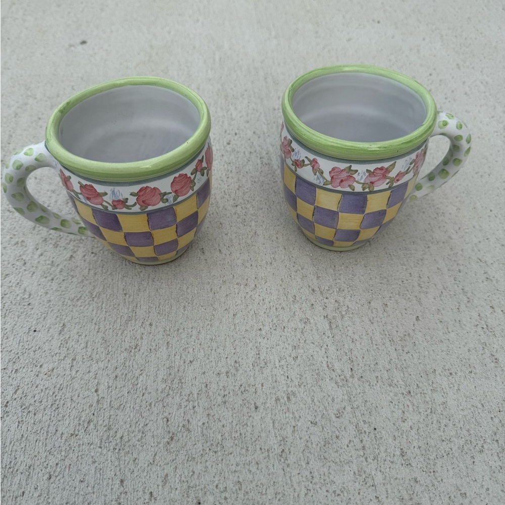MacKenzie-Childs Purple and Yellow Checkered Mugs